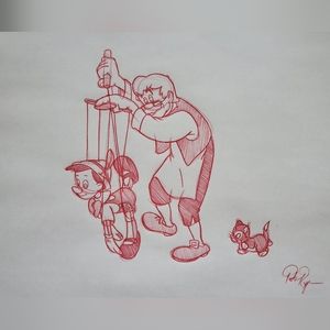 Disney Pinocchio Geppetto and Figaro Drawing/Sketch animation art signed